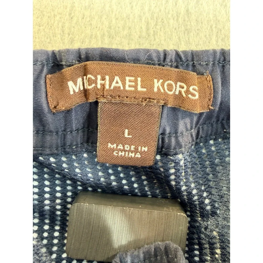 Michael Kors Mens Navy Blue Monogram Logo Swim Trunks Shorts Size L Drawstring